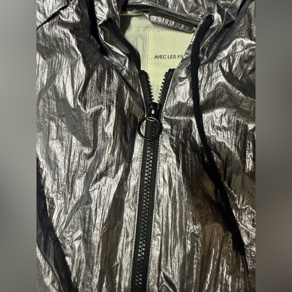 Avec Les Filles Metallic Silver Hooded Longline Rain Coat Trench Pockets Size S - Picture 4 of 8